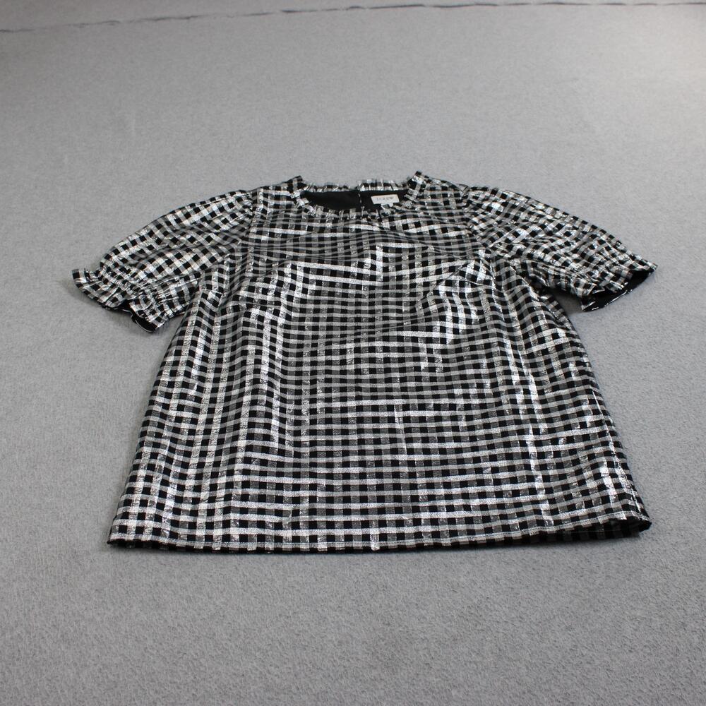 J Crew Shirt Women XS Silver Gingham Check Metallic Short Sleeve Party Twee